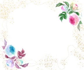 ピンクとオレンジ色のバラのピエールドロンサールのフラワーリースと金粉の水彩画手描きイラスト