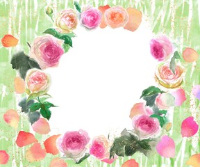 ピンクとオレンジ色のバラのピエールドロンサールのフラワーリースと金粉の水彩画手描きイラスト