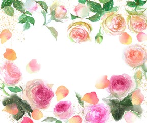 ピエールドロンサールのフラワーリースと金粉の水彩画手描きイラストとピンクとオレンジ色のバラの花びらが舞う背景