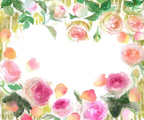 ピエールドロンサールのフラワーリースと金粉の水彩画手描きイラストとピンクとオレンジ色のバラの花びらが舞う背景