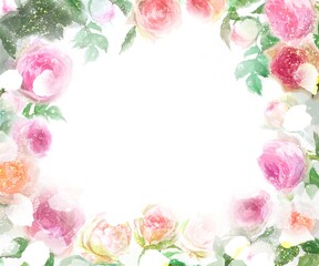 ピンクとオレンジ色のバラのピエールドロンサールのフラワーリースと金粉の水彩画手描きイラスト