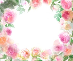 ピンクとオレンジ色のバラのピエールドロンサールのフラワーリースと金粉の水彩画手描きイラスト