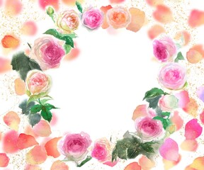 ピエールドロンサールのフラワーリースと金粉の水彩画手描きイラストとピンクとオレンジ色のバラの花びらが舞う背景