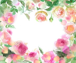 Obraz na płótnie Canvas ピエールドロンサールのフラワーリースと金粉の水彩画手描きイラストとピンクとオレンジ色のバラの花びらが舞う背景