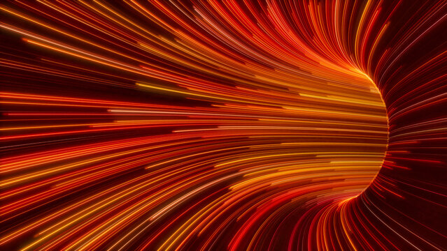 Wavy Neon Tunnel with Orange, Yellow and Red Stripes. 3D Render.