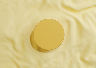 Warm, light, bright, pastel yellow 3D rendering minimal product display top view flat lay circle podium or stand with gold line on wavy textile for luxury cosmetic product photography from above