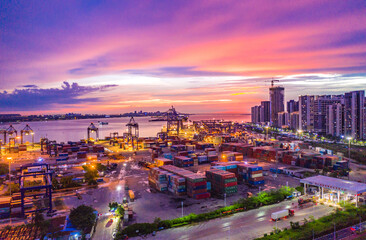 Fototapeta na wymiar Haikou Port Container Terminal Aerial View, The Main Transportation Hub for Hainan Free Trade Zone of China.