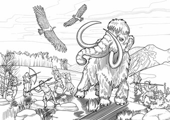 Graphic scene of cavemen hunting on a mammoths