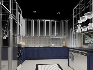 abstract sketch design of kitchen room ,3d rendering