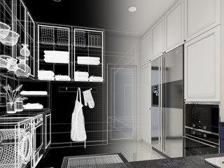 abstract sketch design of kitchen room ,3d rendering