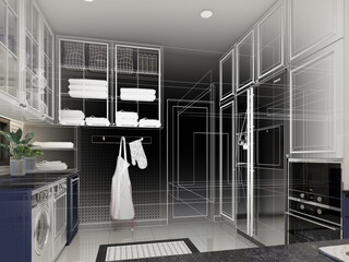abstract sketch design of kitchen room ,3d rendering