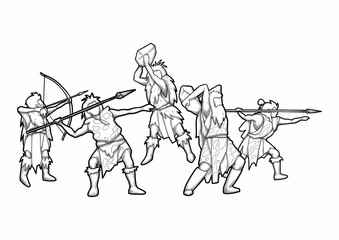 Graphic cavemen with weapons, hunters and warriors