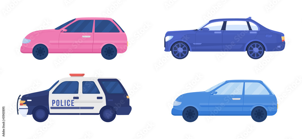 Poster different cars semi flat color vector objects set. editable figures. full sized items on white. simp
