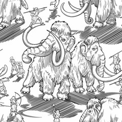 Graphic scene of cavemen hunting on a mammoths