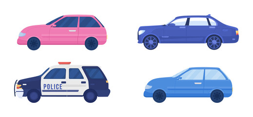 Different cars semi flat color vector objects set. Editable figures. Full sized items on white. Simple cartoon style illustration for web graphic design and animation collection. Bebas Neue font used
