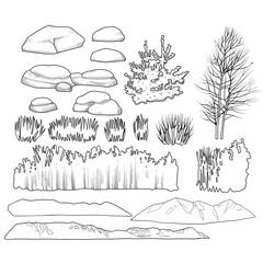 Collection of graphic plants, stones and mountains.