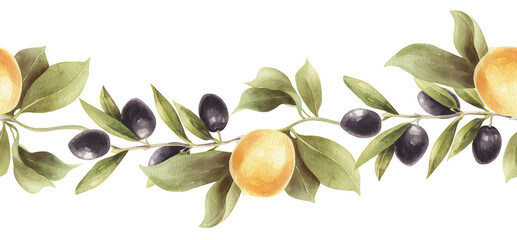 Watercolor seamless border with branch with olives and lemon isolated on transparent background.