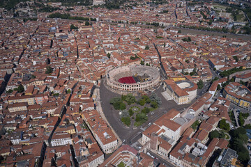 Drone view of the central historical part of the city of Verona, Italy. Aerial view at high...