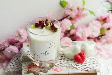 gift concept. aroma candle in a glass of natural soy wax.