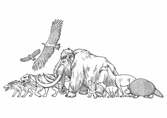 Composition of a graphic prehistoric animals and caveman walking in a line