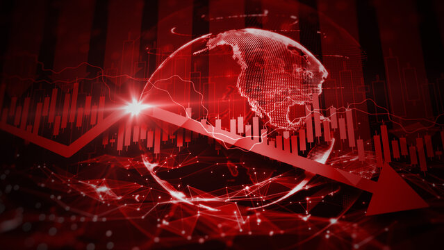 Recession global market crisis stock red price drop arrow down chart fall, Stock market exchange analysis business and finance, Money losing inflation deflation, Investment loss crash, 3d rendering