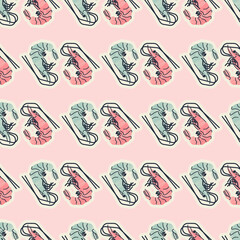 Seamless pattern, background, wrapping paper, illustration, postcard, print with colorful cute shrimps in vector