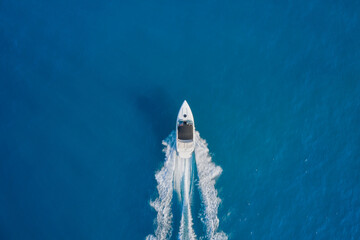 Aerial view luxury motor boat. Motor boat in the sea. Drone view of a boat sailing. Travel - image....