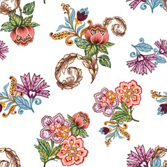 Floral seamless folk pattern, ethnic native flowers, watercolor illustration Jacobean traditional style Baroque illustration