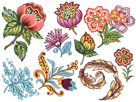 Fantasy flowers in retro, vintage, jacobean bouquet style. arrangement ornament isolated on white background