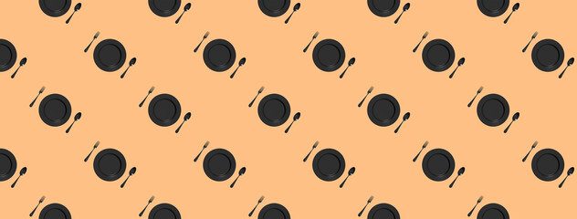 seamless pattern. kitchen utensils on a pastel red orang background. fork, spoon, plate. Template for surface application. Flat lay. Banner for insertion into site. Horizontal image. 