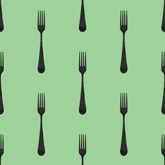 Seamless pattern. Fork top view on yellow green background. Template for applying to surface. Square image. Flat lay. 3D image. 3D rendering.