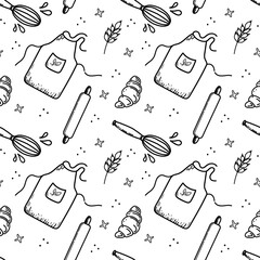 Seamless pattern of hand-drawn elements. Tools, chef's clothes and food: cap, oven mitts, whisk, ears of wheat and croissant. Doodle style vector illustration.