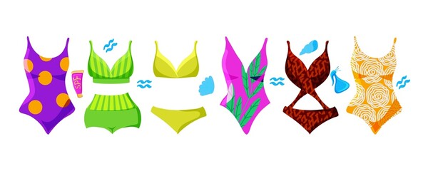 Summer bikini set for women. Flats style painted elements. Bathing suits in different styles and patterns. Joyful, bright palette.