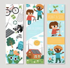Ecological vertical cards set with cute children, planet, waste recycling, seeding, alternative energy concept. Vector Earth day bookmark design. Eco friendly print templates.