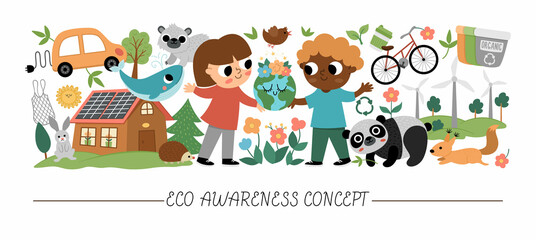 Vector ecological horizontal set with cute children caring of nature. Earth day card template for banners, invitations. Cute environment friendly illustration with planet, waste recycling concept.
