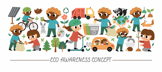 Vector ecological horizontal set with cute children caring of nature. Earth day card template for banners, invitations. Cute environment friendly illustration with planet, waste recycling concept.
