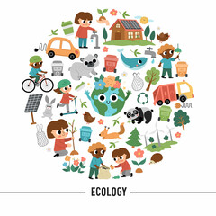 Vector ecological round frame with cute children caring of nature. Earth day card template for banners. Cute environment friendly illustration with planet, waste recycling, seeding concept