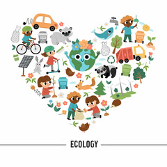 Vector ecological heart shaped frame with cute children caring of nature. Earth day card template for banners, invitations. Cute environment friendly illustration with planet, waste recycling concept.