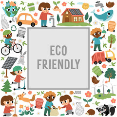 Vector ecological square frame with cute children caring of nature. Earth day card template for banners, invitations. Cute environment friendly illustration with planet.