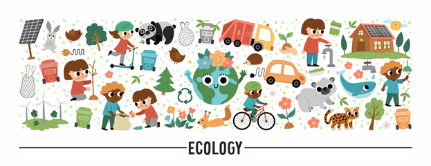 Obraz premium Vector ecological horizontal set with cute children caring of nature. Earth day card template for banners, invitations. Cute environment friendly illustration with planet, waste recycling concept.