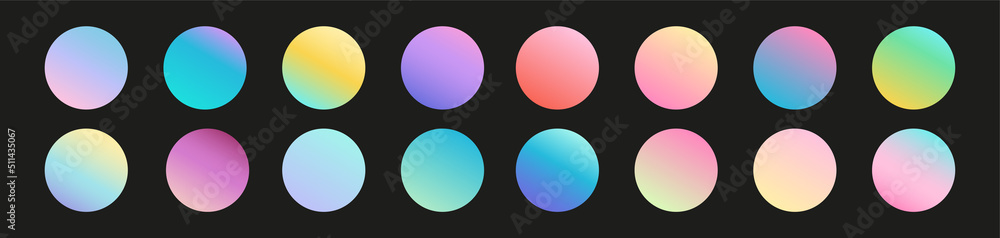 Poster rounded holographic gradient sphere button isolated on black. vivid color spheres vector set