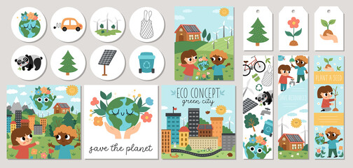 Ecological cards set with cute children, planet, waste recycling concept. Vector Earth day square, round, vertical print templates. Eco friendly design for tags, postcards, ads with nature care scenes