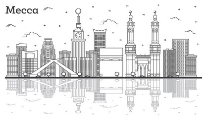 Outline Mecca Saudi Arabia City Skyline with Historic Buildings and Reflections Isolated on White.