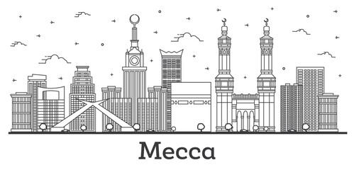 Outline Mecca Saudi Arabia City Skyline with Historic Buildings Isolated on White.
