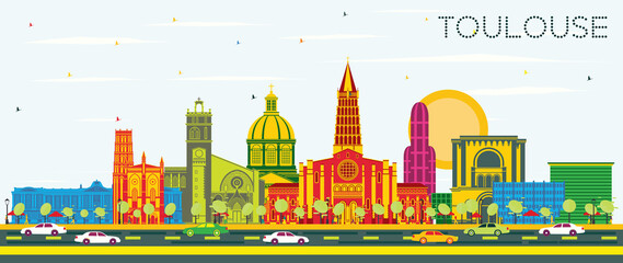 Toulouse France City Skyline with Color Buildings and Blue Sky.