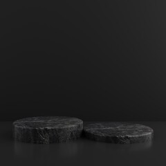 Minimalist simple marble cylinder podium or pedestal display with dark color background for product presentation. 3d rendering