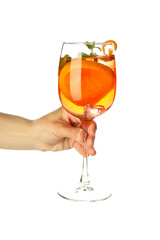 Female hand holds Aperol Spritz, isolated on white background