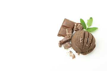 Chocolate ice cream on white background, space for text