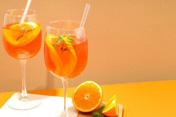 Concept of fresh alcohol drink, Aperol Spritz, space for text