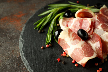 Concept of delicious food with jamon, close up